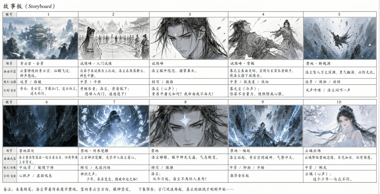 古风仙侠剧情故事板，包含十个连续分镜